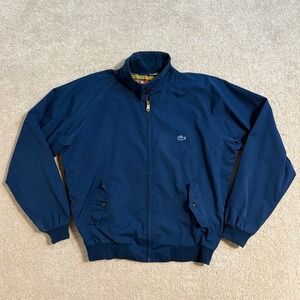Vintage Lacoste Jacket Harrington Full‎ Zip Madras Plaid Lined Blue Coat Large
